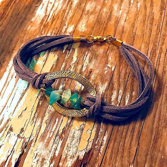 ✨Handmade Set ✨ New Earrings + Bracelet + Necklace Green Stone Leather Gold Aqua - Picture 2 of 4